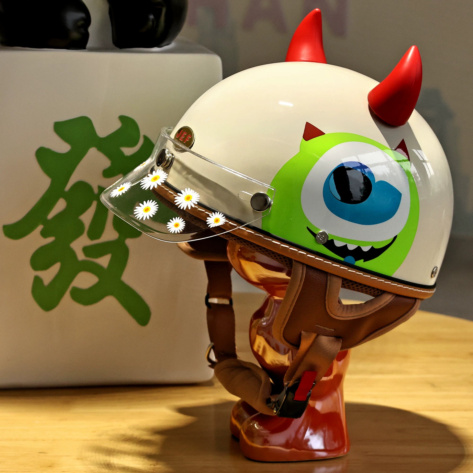 cartoon themed motorcycle helmets Taiwan JEF helmet cartoon big-eyed boy retro three-quarter helmet 3C m