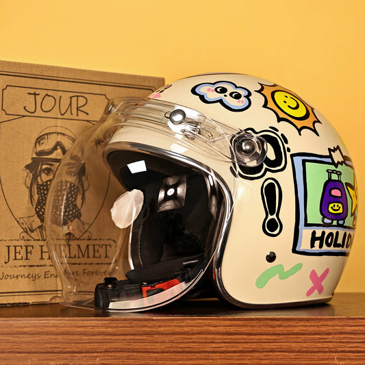 Taiwan JEF retro motorcycle helmet, men's and women's electric scooter four-season helmet, 3/4 helmet, 3C cartoon autumn and winter