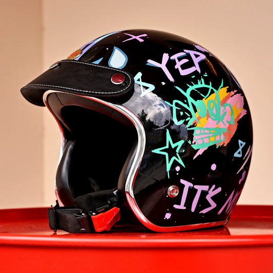 Taiwan JEF Motorcycle Helmet, Retro Graffiti Three-Quarter Half Helmet, 3C Certified, for Men's Motorcycle Travel, Commuting, Four Seasons, and Women's Helmet