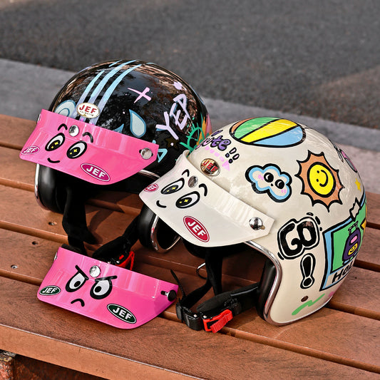 Taiwan JEF retro locomotive half helmet 3/4 helmet tongue cartoon smiley face visor pink big-eyed boy helmet brim