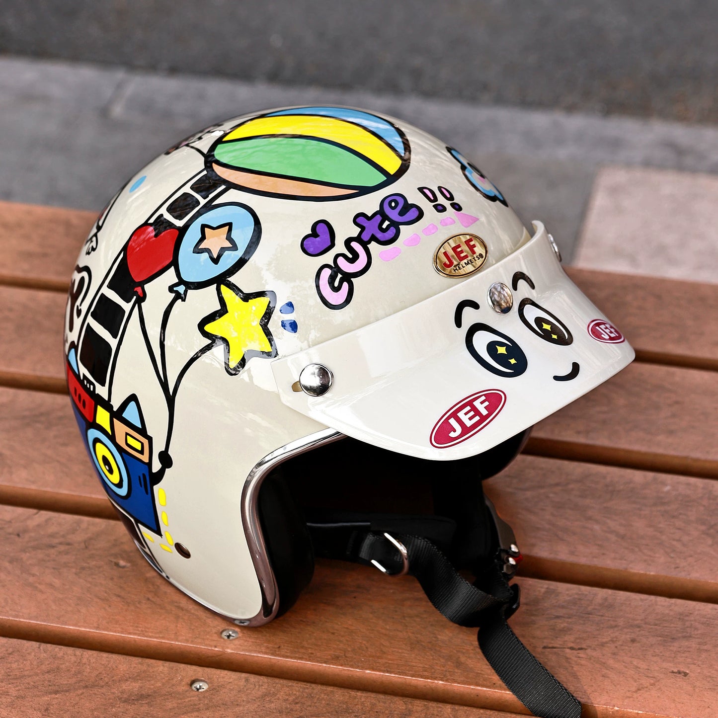 Taiwan JEF retro locomotive half helmet 3/4 helmet tongue cartoon smiley face visor pink big-eyed boy helmet brim