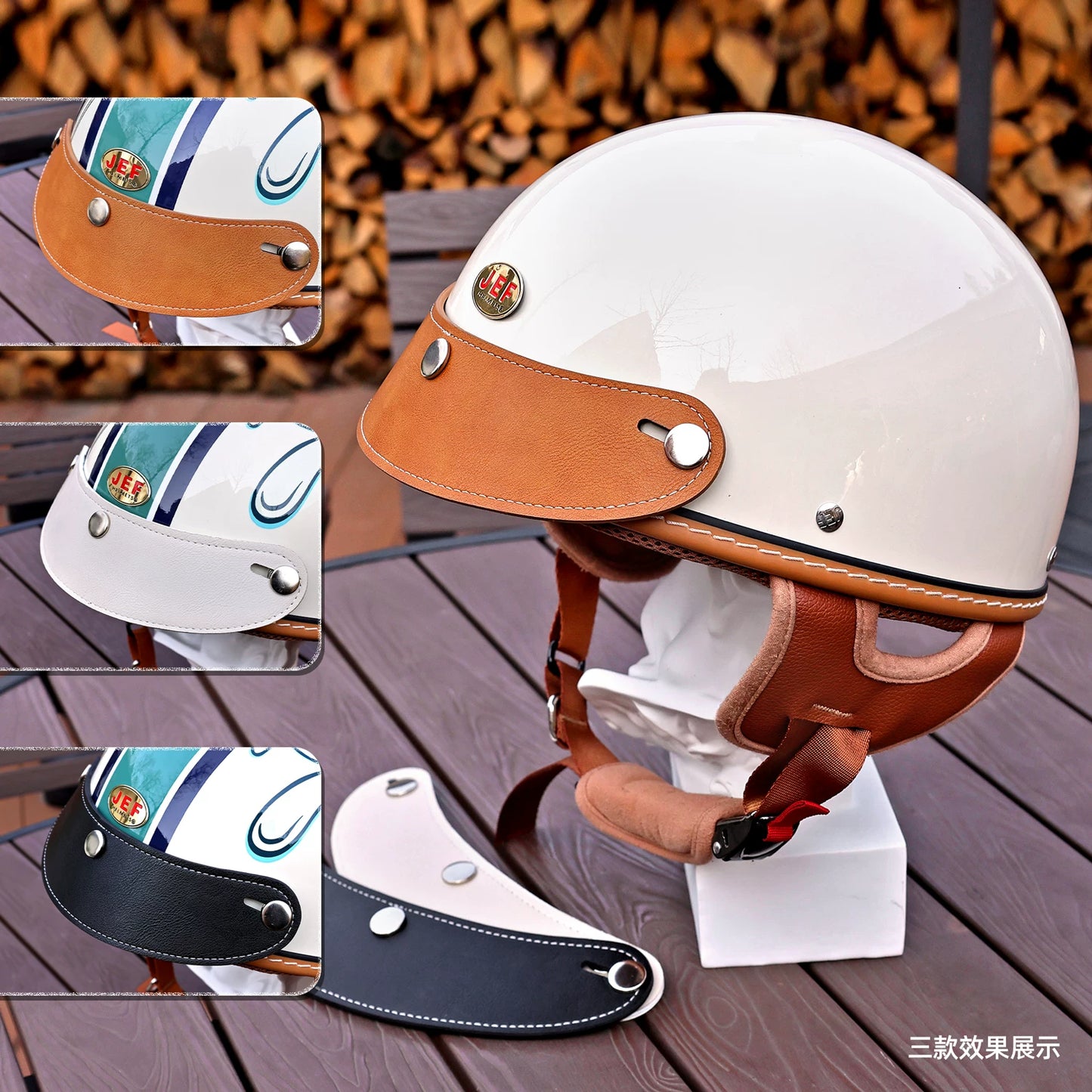 Taiwan JEF small helmet body retro leather brim three-button adjustable half helmet three-quarters helmet visor tongue