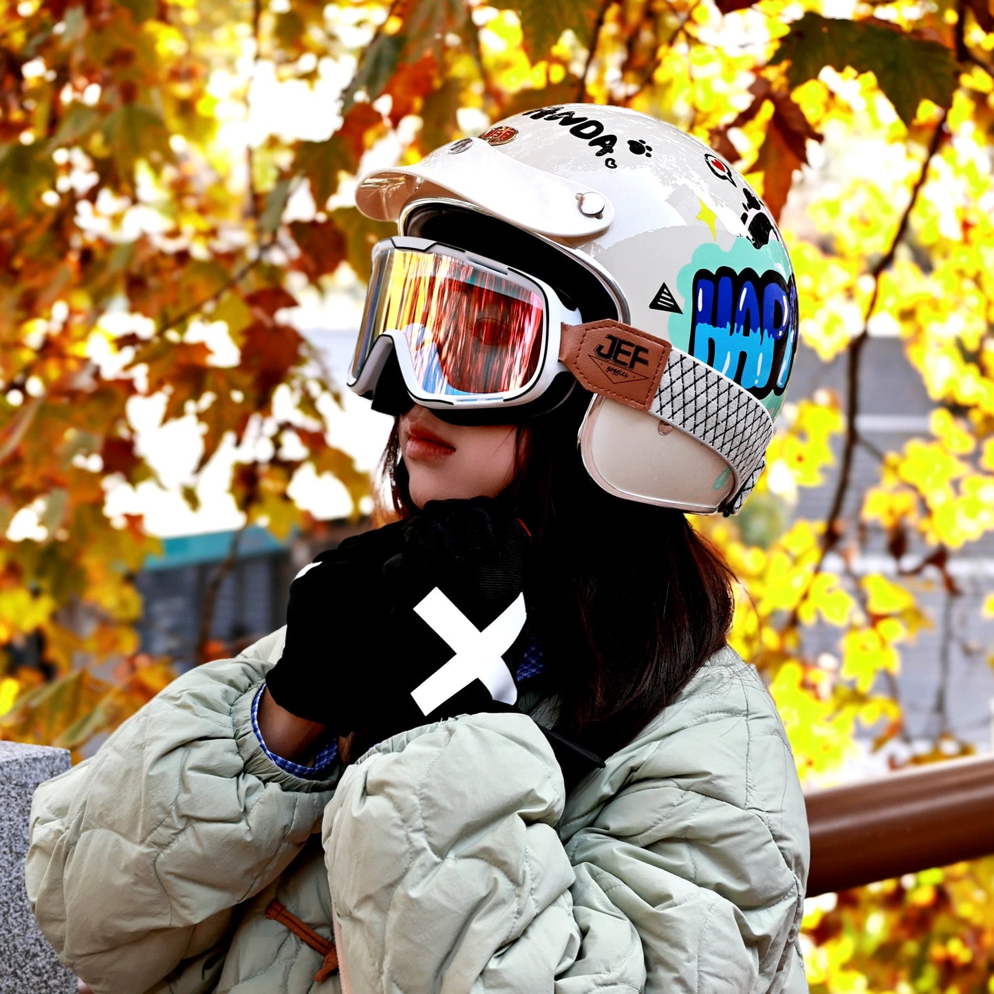 Taiwan JEF retro pedal motorcycle helmet 3C men's and women's winter warm three-quarters helmet cute four-season helmet