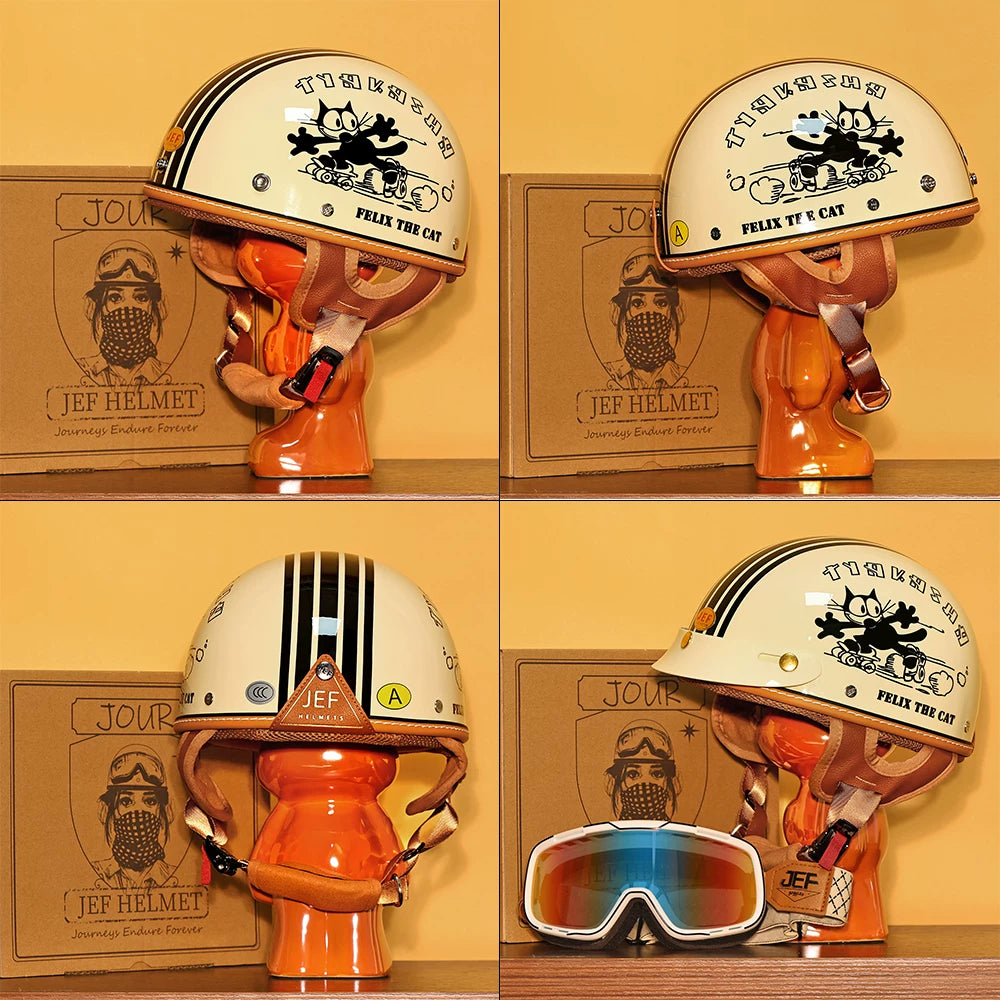 Taiwan JEF helmet skateboard cat electric car women's motorcycle men's locomotive retro summer cool lining lightweight half helmet