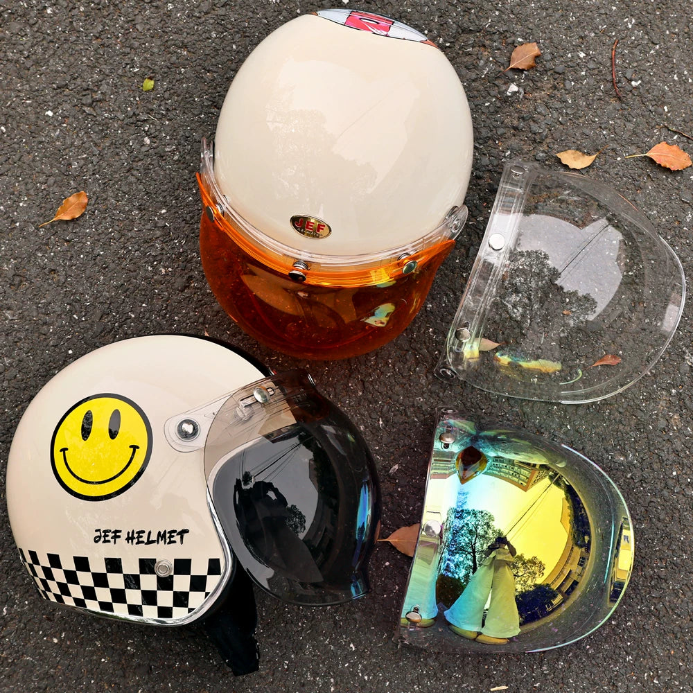 Taiwan JEF retro bubble mirror half helmet windshield windshield windproof sand anti-ultraviolet three-button universal helmet lens