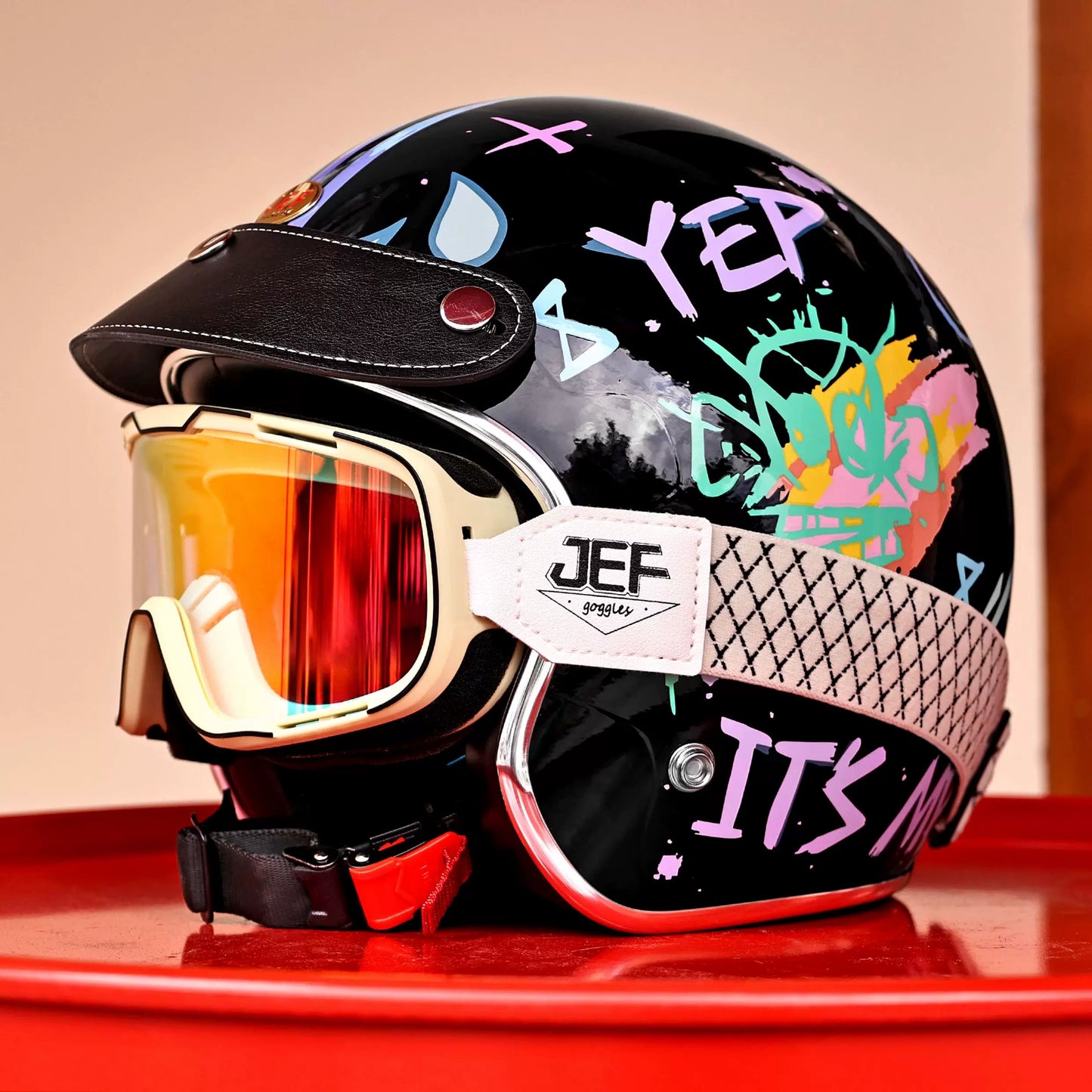 Taiwan JEF motorcycle helmet retro helmet graffiti three-quarter half helmet 3C male motorcycle travel commuter four seasons helmet female