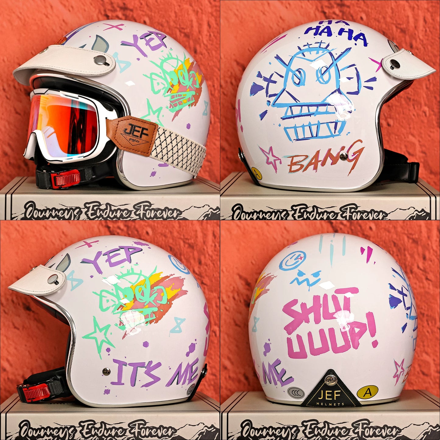 Taiwan JEF retro graffiti helmet, high-value 3C electric motorcycle scooter 3/4 helmet, unisex four-season helmet