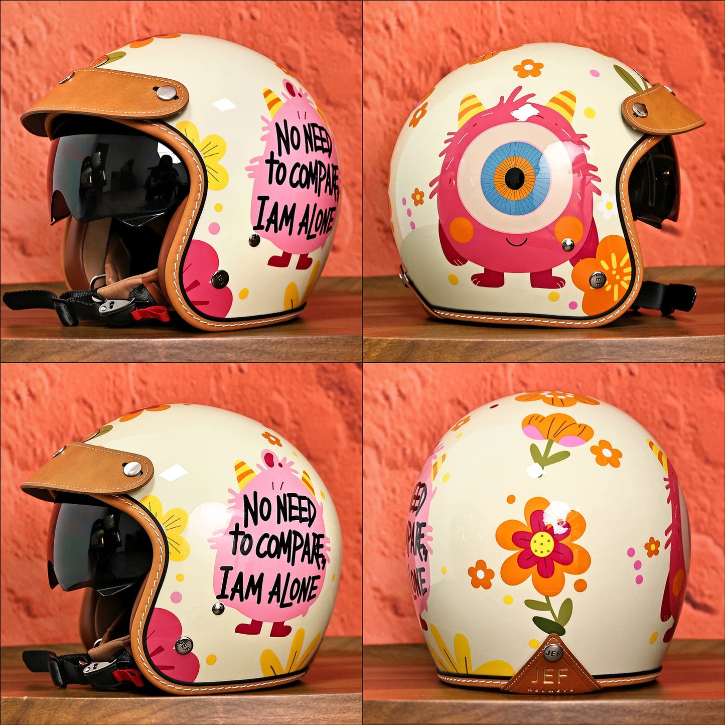 Taiwan JEF retro motorcycle helmet big-eyed monster 3/4 helmet men's and women's scooter summer high-value four-season helmet