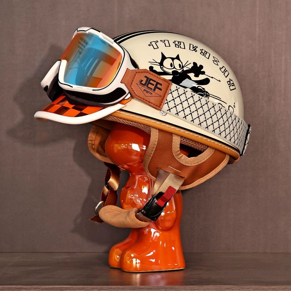 Taiwan JEF helmet skateboard cat electric car women's motorcycle men's locomotive retro summer cool lining lightweight half helmet