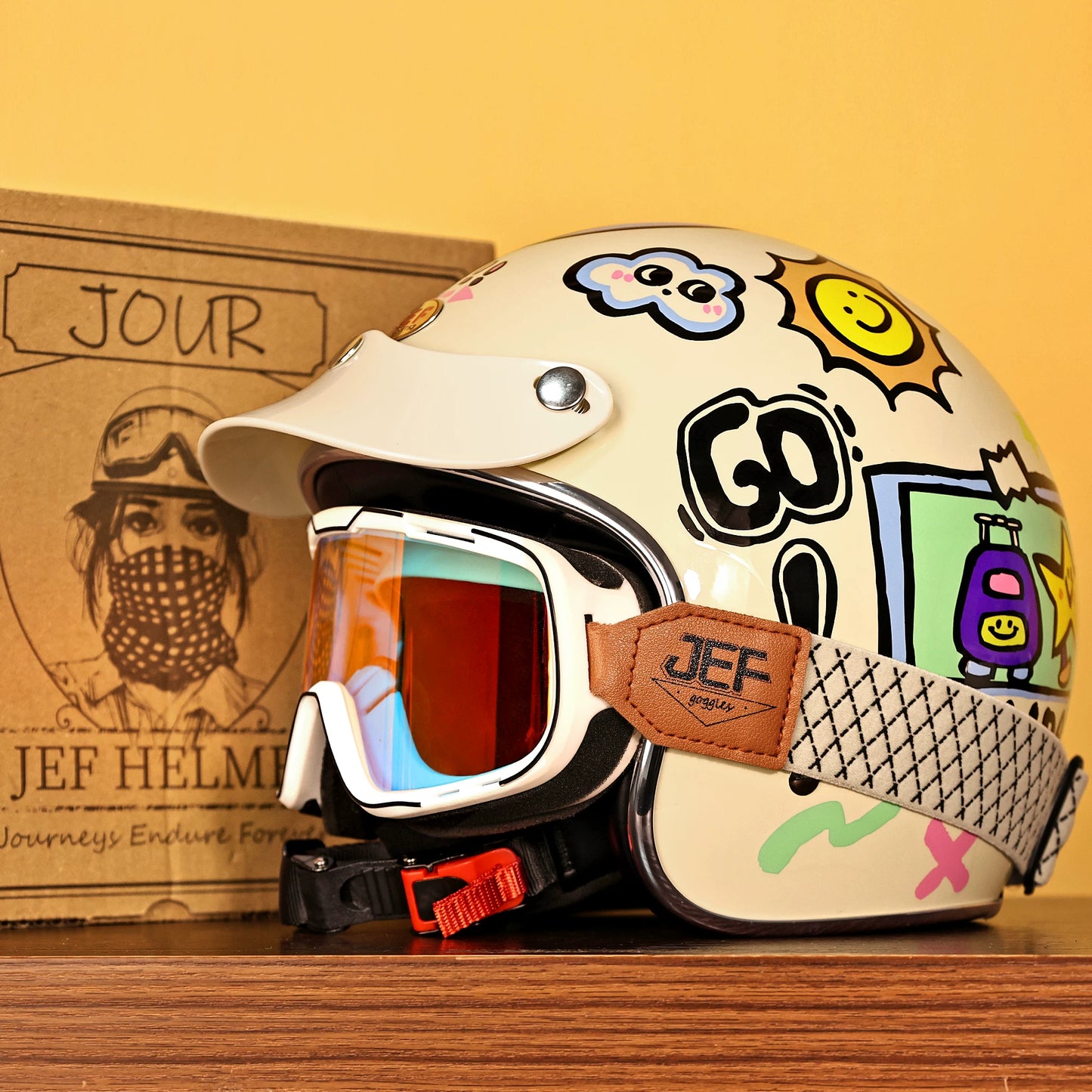 Taiwan JEF retro helmet motorcycle helmet men and women electric pedal four seasons helmet 3/4 helmet 3C cartoon autumn and winter