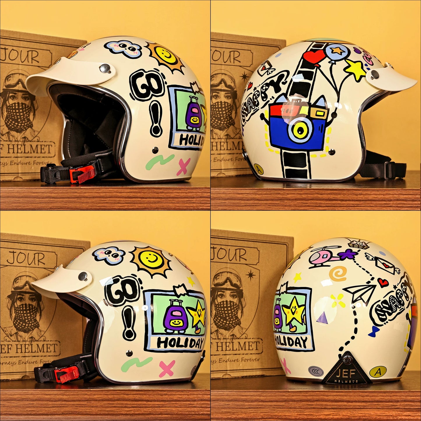 Taiwan JEF retro helmet motorcycle helmet men and women electric pedal four seasons helmet 3/4 helmet 3C cartoon autumn and winter