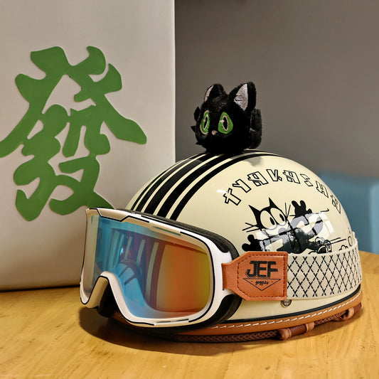 Taiwan JEF retro helmet with abnormal pupils cat women's electric motorcycle half helmet men's summer skateboard cat light four seasons 3C certified scooter helmet