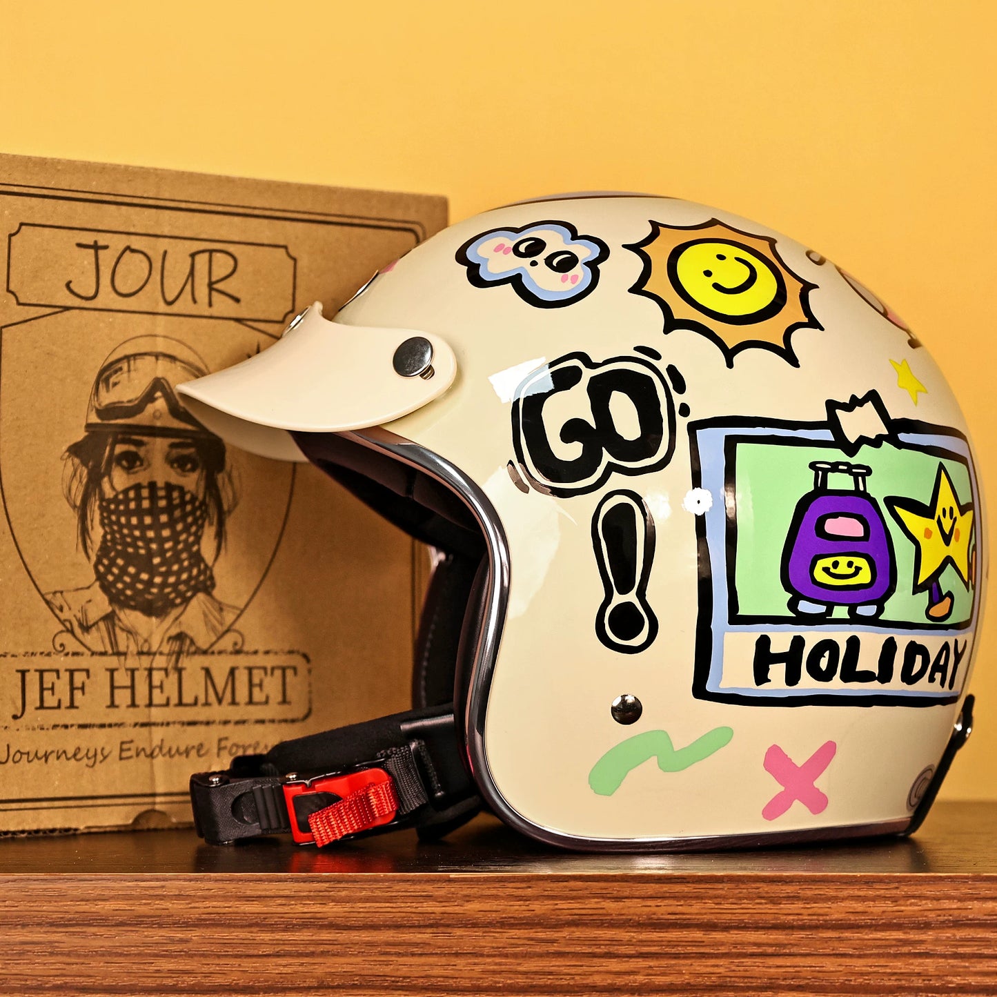 Taiwan JEF retro helmet motorcycle helmet men and women electric pedal four seasons helmet 3/4 helmet 3C cartoon autumn and winter