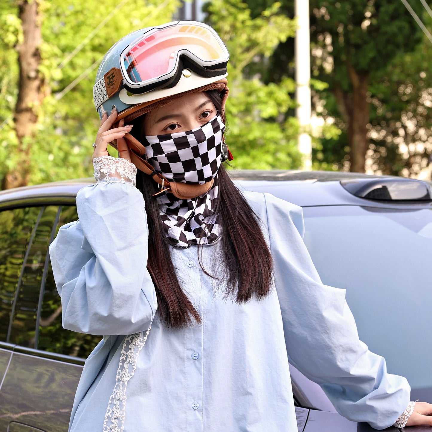 Vintage checkerboard sunscreen mask men and women outdoor cycling face towel magic headscarf ice silk sunscreen scarf summer