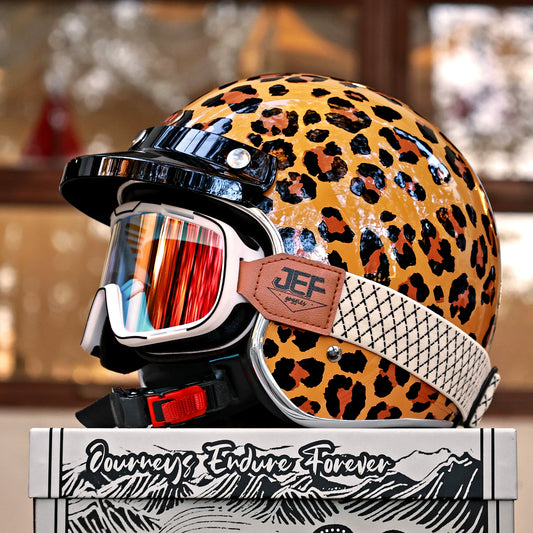 Taiwan JEF retro leopard print helmet women's locomotive 3/4 helmet men's motorcycle personalized cool pedal three-quarter helmet