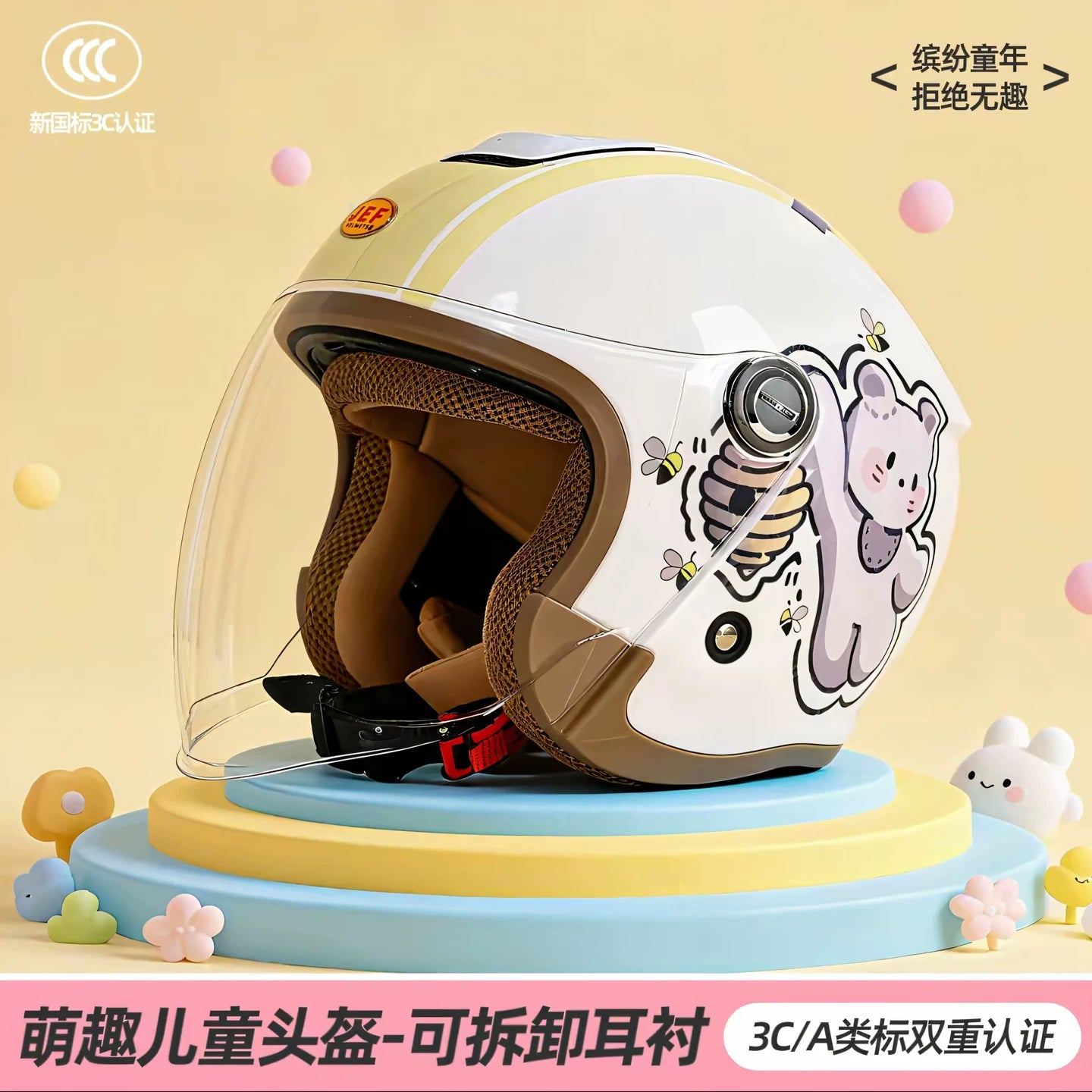Taiwan JEF Children's Safety Helmet 3C Boys and Girls Winter Warm 3/4 Helmet Class A PICC Cartoon Cute Four Seasons