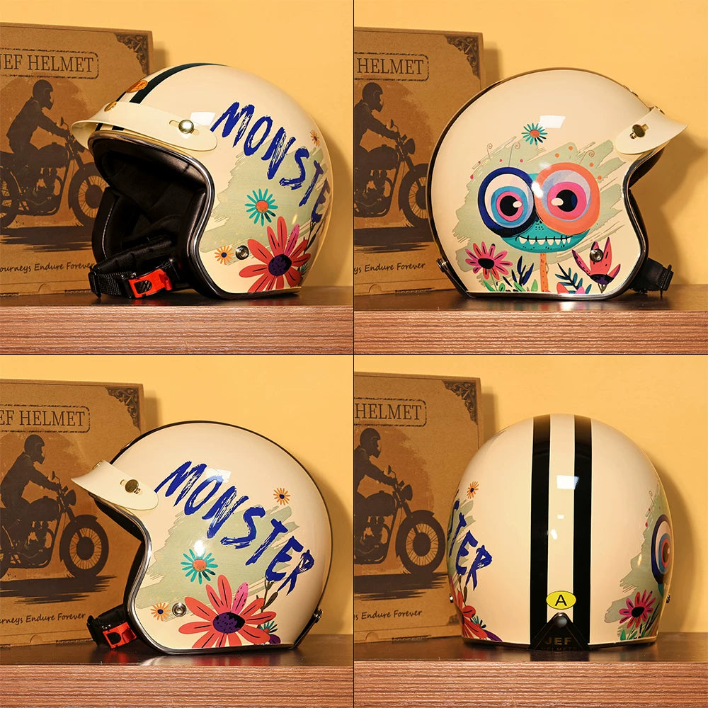 Taiwan JEF helmet retro 3/4 helmet little monster smiley face Django motorcycle hard hat unisex all seasons 3C