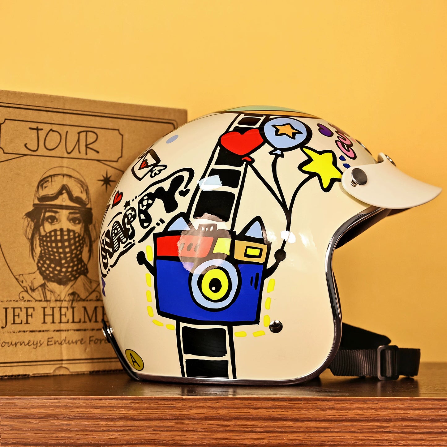 Taiwan JEF retro helmet motorcycle helmet men and women electric pedal four seasons helmet 3/4 helmet 3C cartoon autumn and winter
