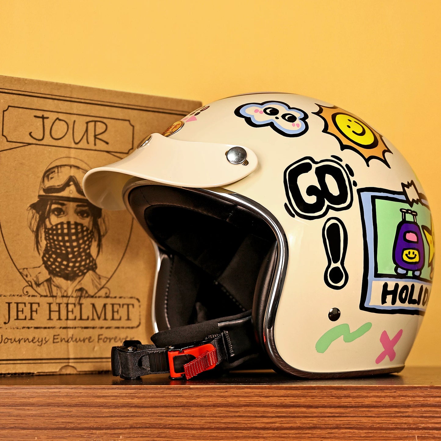 Taiwan JEF retro helmet motorcycle helmet men and women electric pedal four seasons helmet 3/4 helmet 3C cartoon autumn and winter
