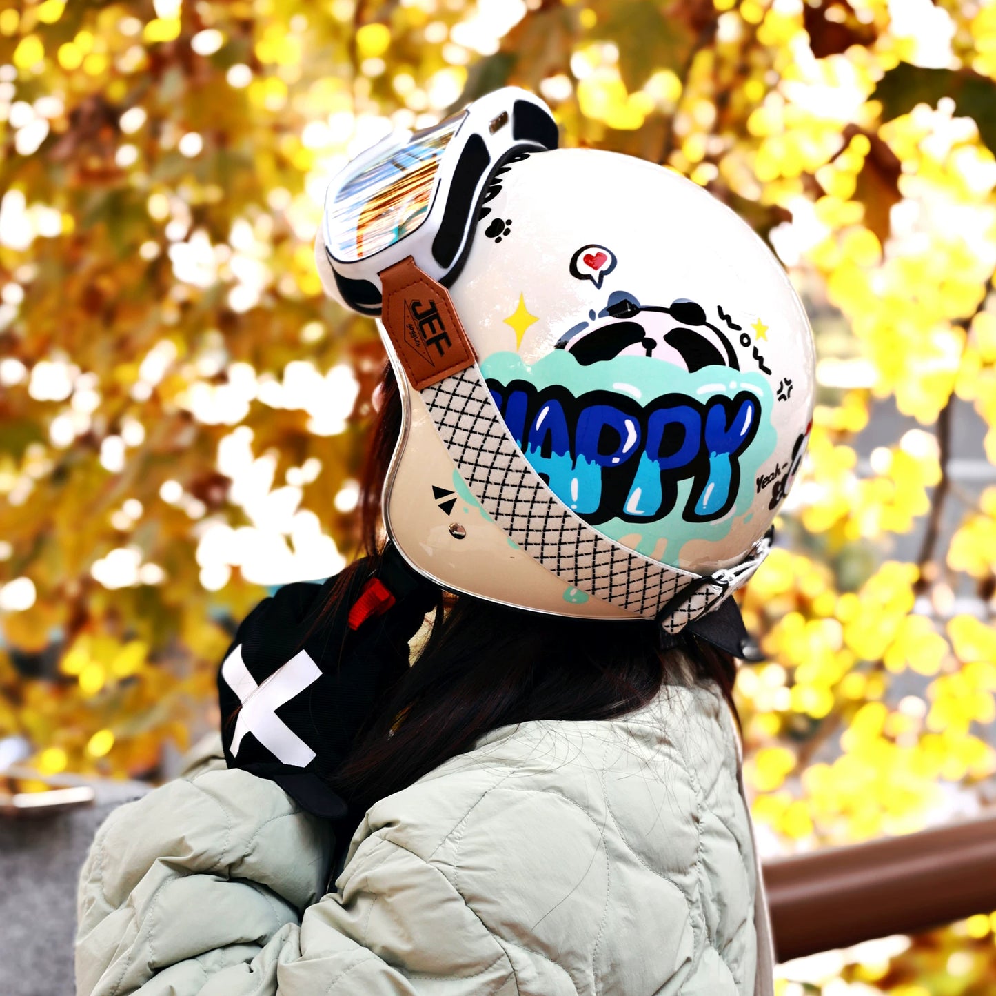Taiwan JEF retro pedal motorcycle helmet 3C men's and women's winter warm three-quarters helmet cute four-season helmet