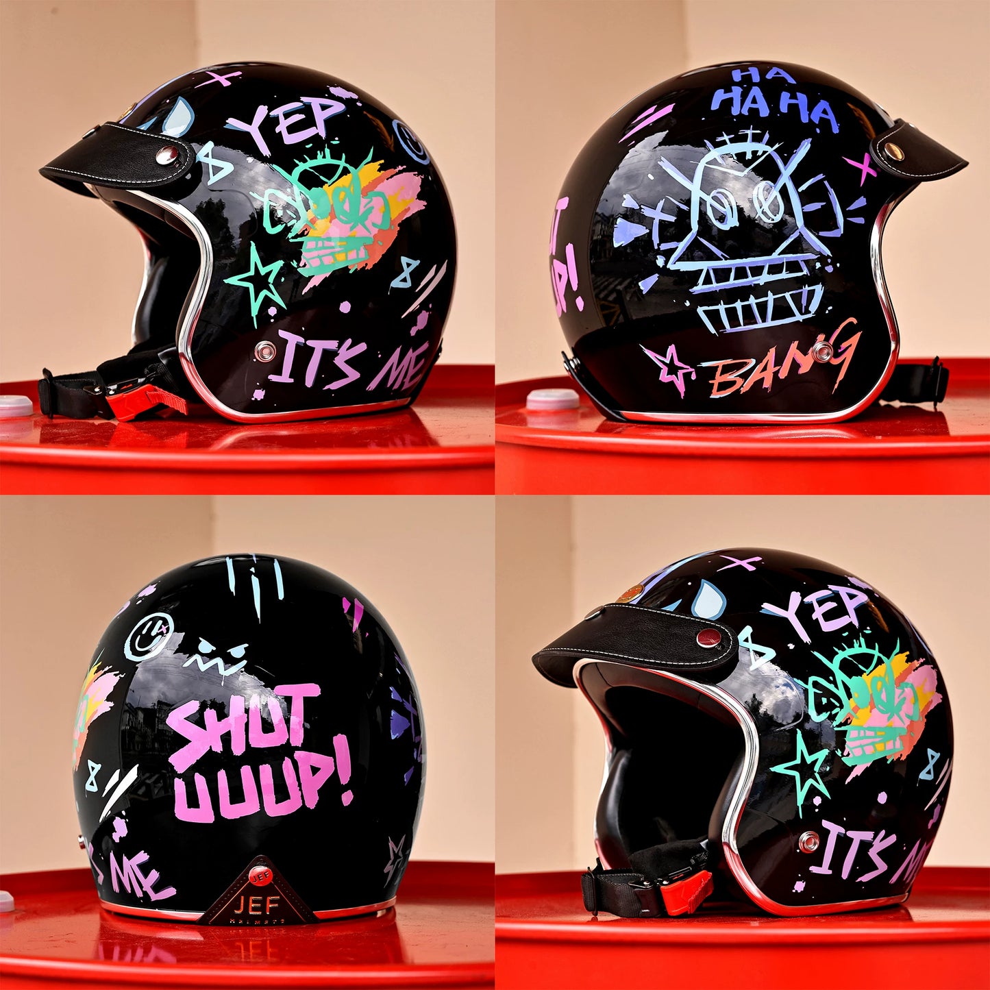 Taiwan JEF motorcycle helmet retro helmet graffiti three-quarter half helmet 3C male motorcycle travel commuter four seasons helmet female