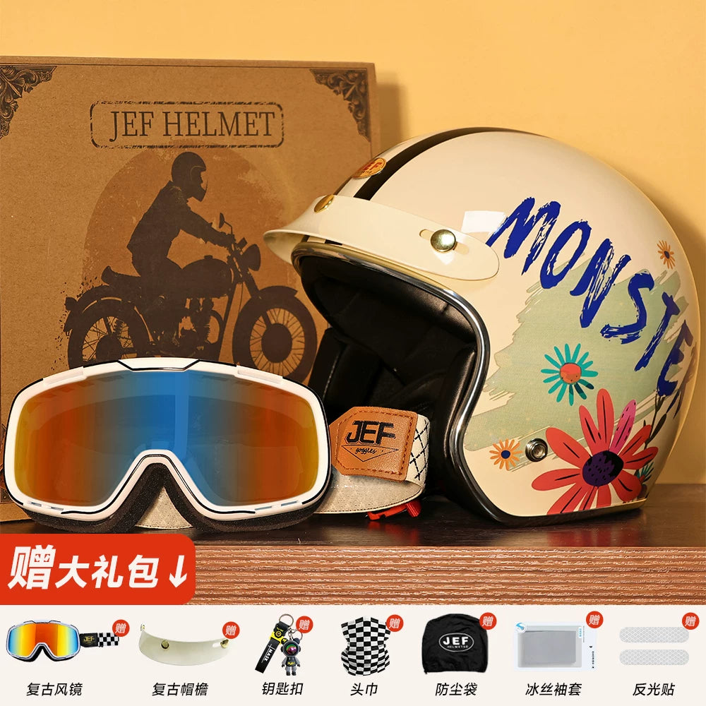 Taiwan JEF helmet retro 3/4 helmet little monster smiley face Django motorcycle hard hat unisex all seasons 3C