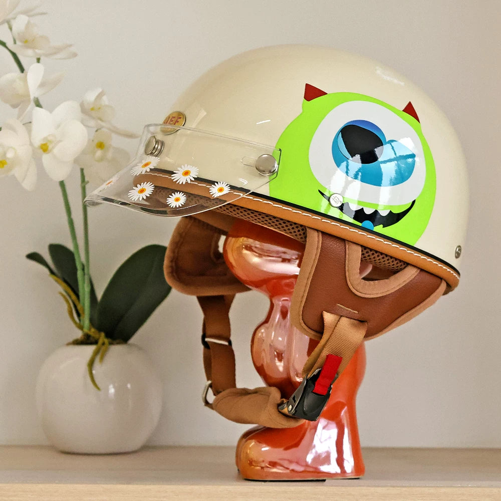 Taiwan JEF helmet cartoon big-eyed boy retro three-quarter helmet 3C men's and women's big-eyed monster electric summer half helmet