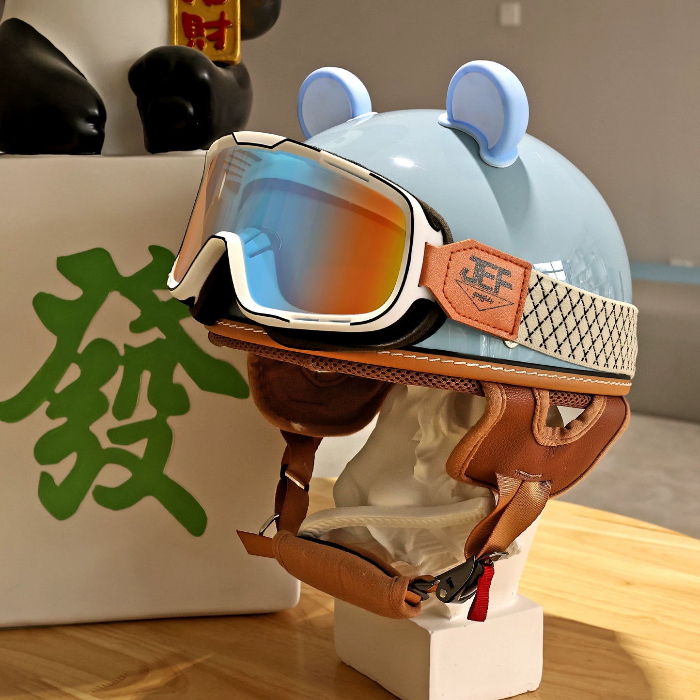 Taiwan JEF helmet retro bear ears women's electric motorcycle half helmet men's summer cute and light four seasons 3C scoop helmet