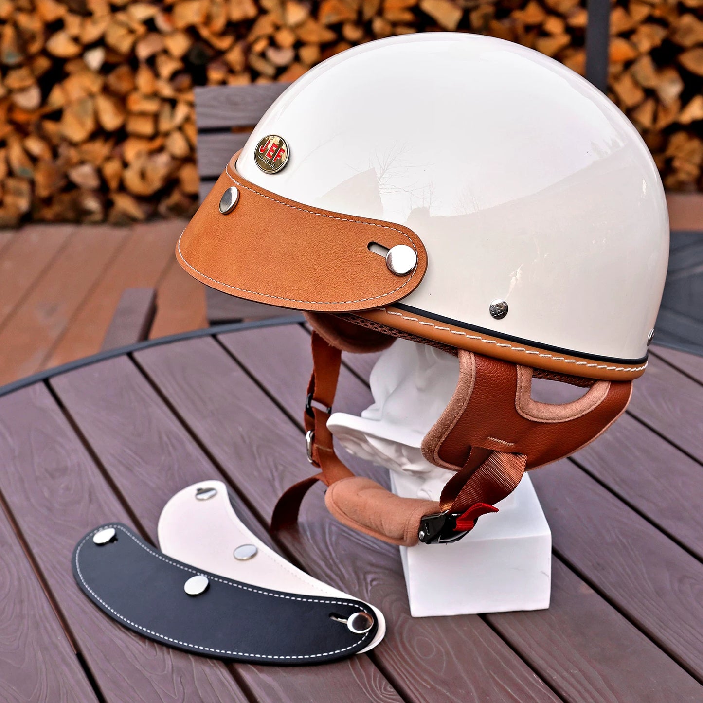 Taiwan JEF small helmet body retro leather brim three-button adjustable half helmet three-quarters helmet visor tongue