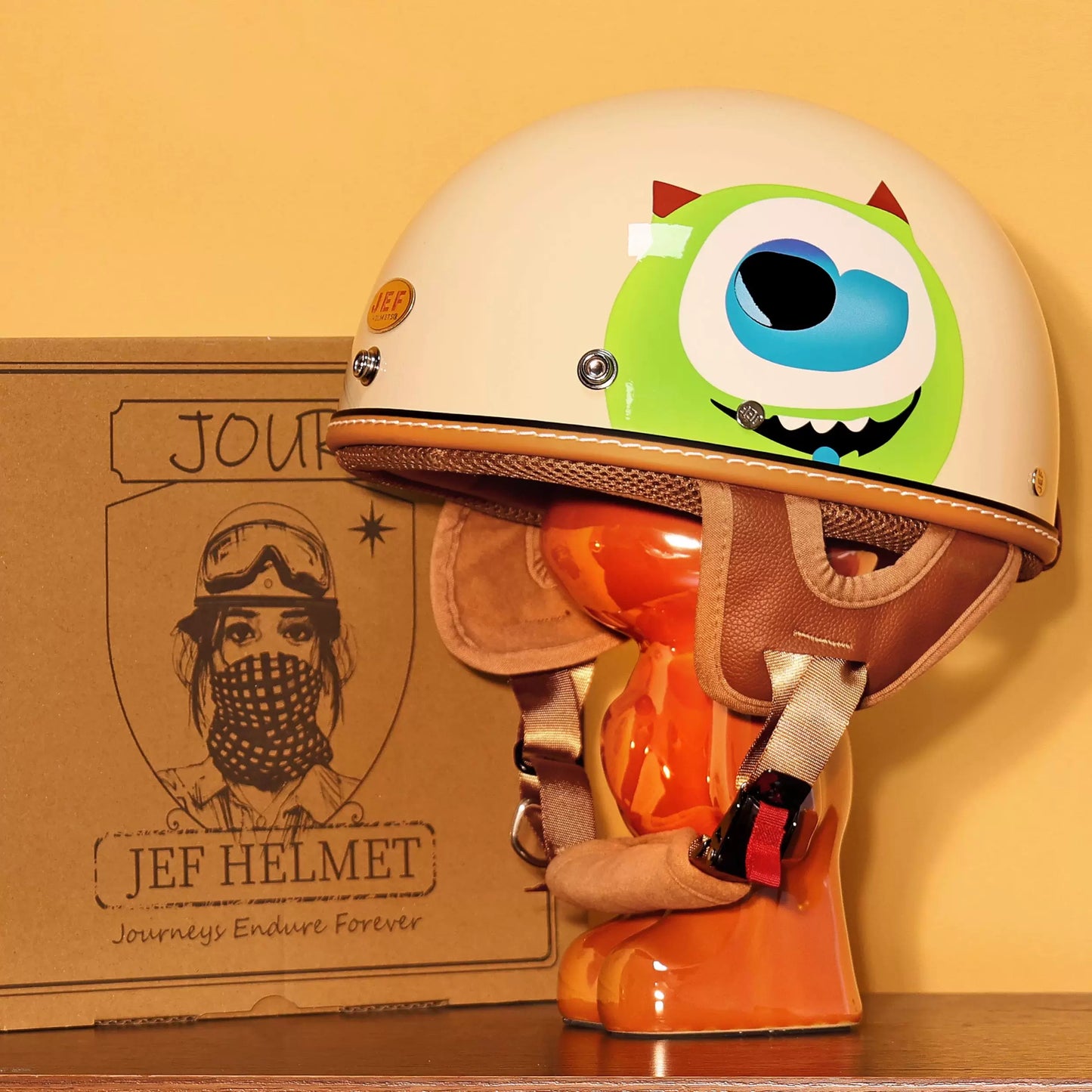 Taiwan JEF helmet cartoon big-eyed boy retro three-quarter helmet 3C men's and women's big-eyed monster electric summer half helmet