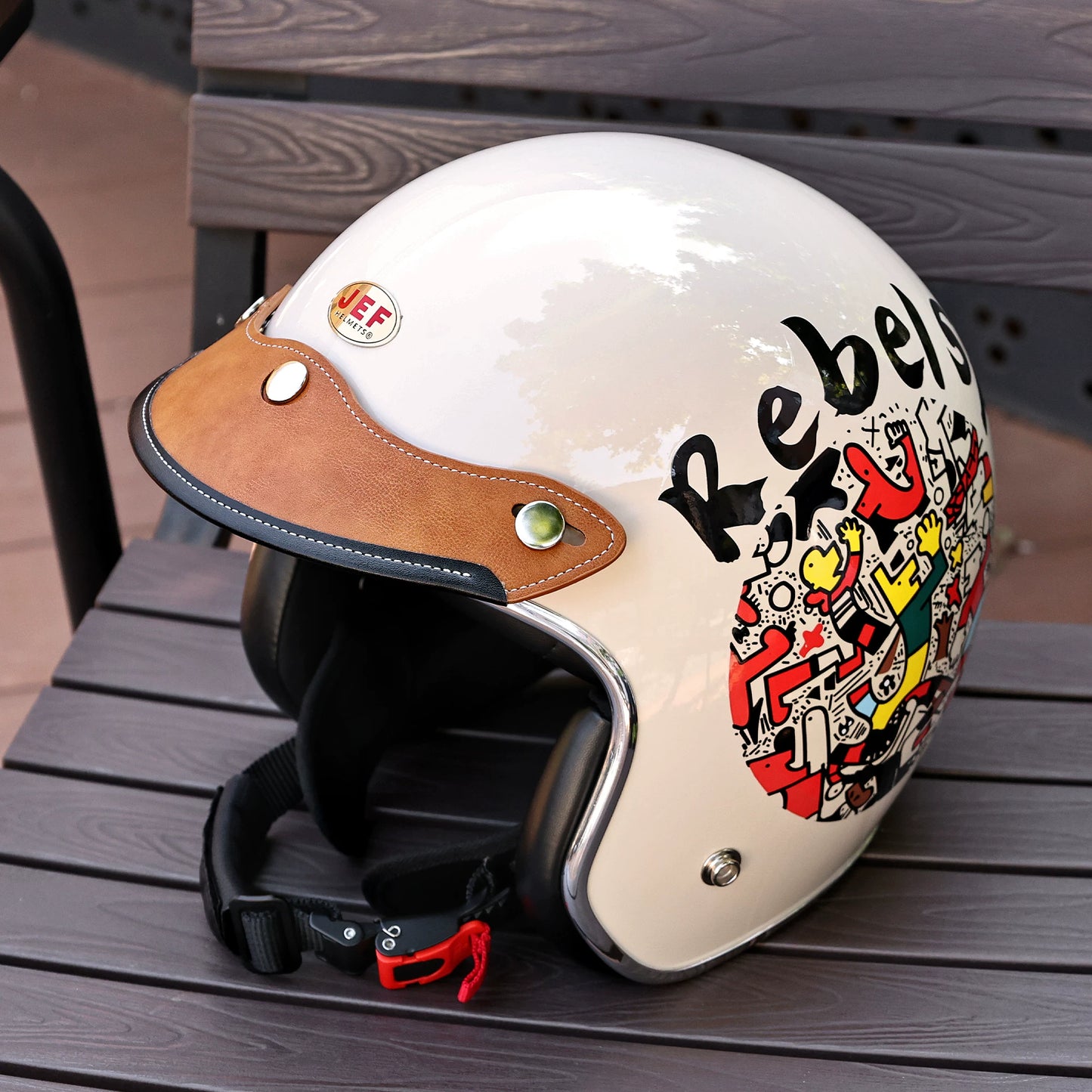Taiwan JEF small helmet body retro leather brim three-button adjustable half helmet three-quarters helmet visor tongue