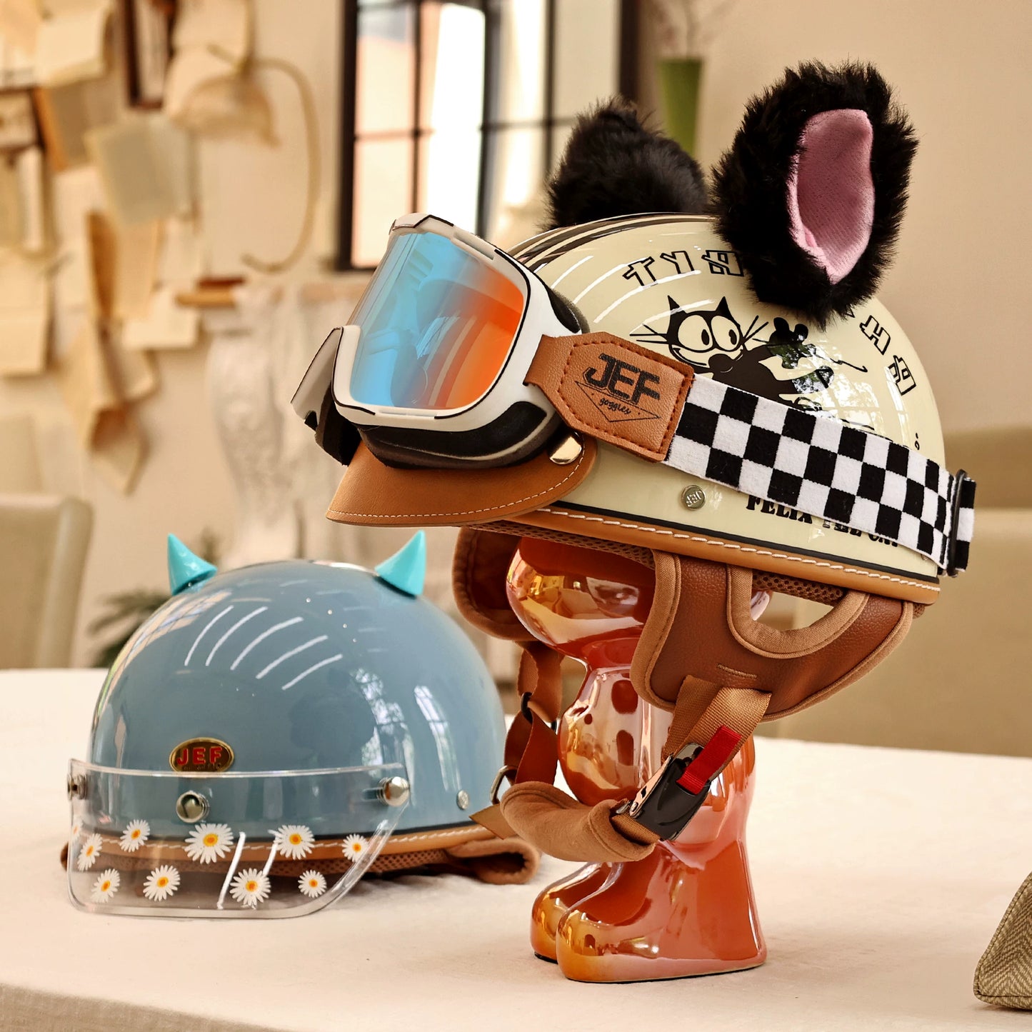 Taiwan JEF helmet skateboard cat electric car women's motorcycle men's locomotive retro summer cool lining lightweight half helmet