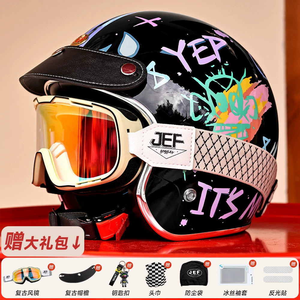 Taiwan JEF motorcycle helmet retro helmet graffiti three-quarter half helmet 3C male motorcycle travel commuter four seasons helmet female