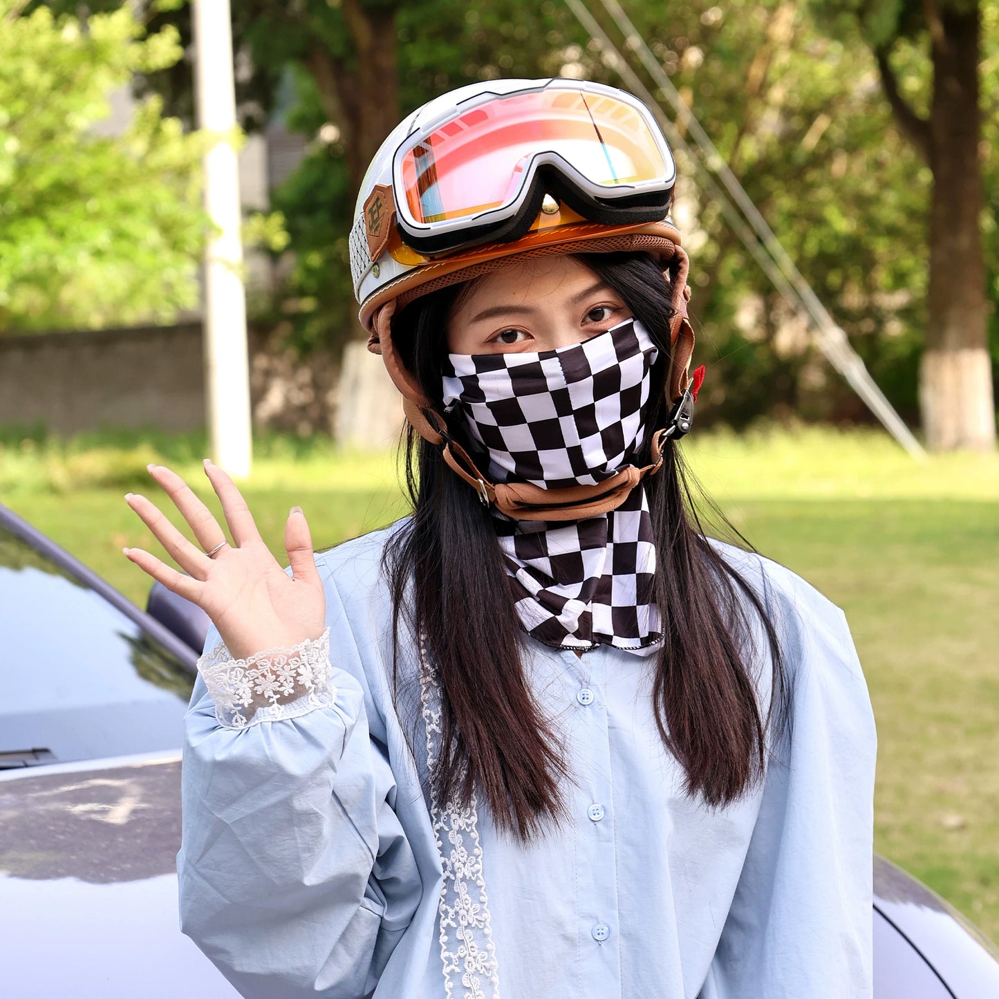 Vintage checkerboard sunscreen mask men and women outdoor cycling face towel magic headscarf ice silk sunscreen scarf summer