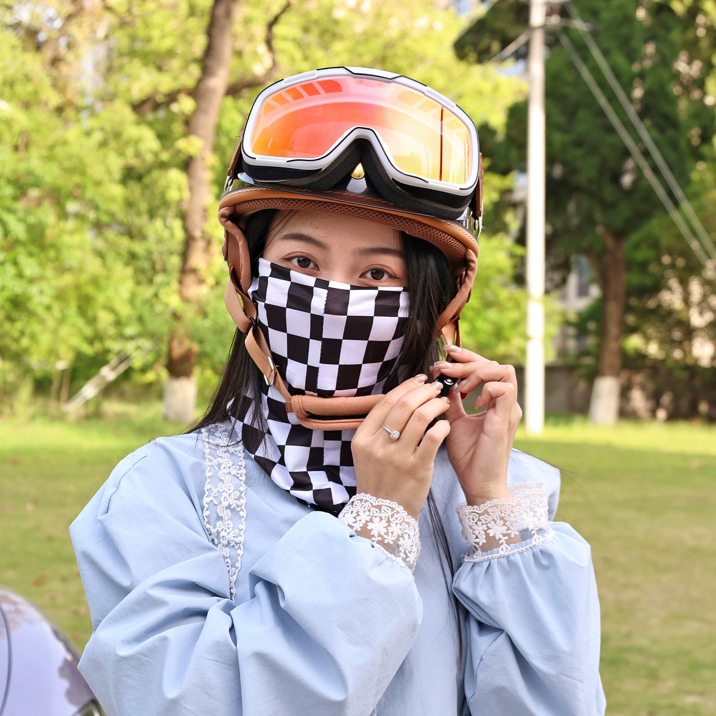 Vintage checkerboard sunscreen mask men and women outdoor cycling face towel magic headscarf ice silk sunscreen scarf summer