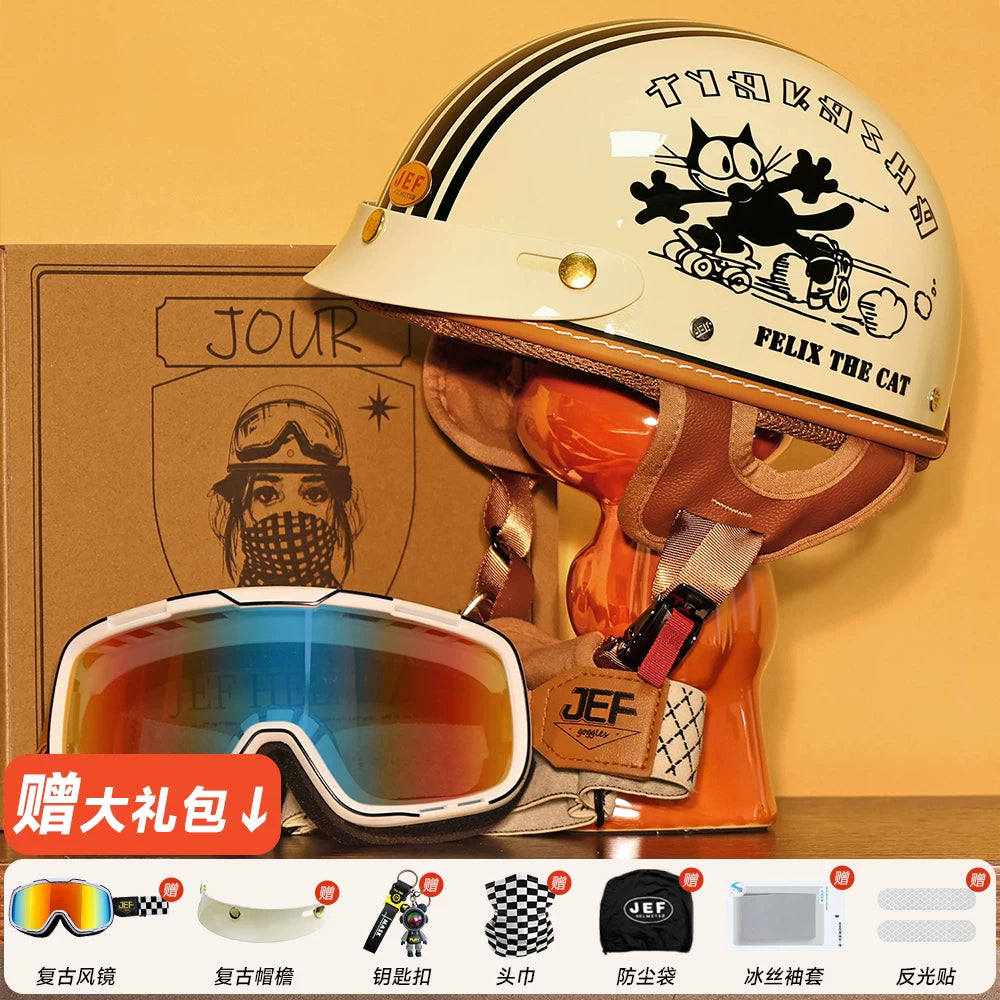 Taiwan JEF helmet skateboard cat electric car women's motorcycle men's locomotive retro summer cool lining lightweight half helmet