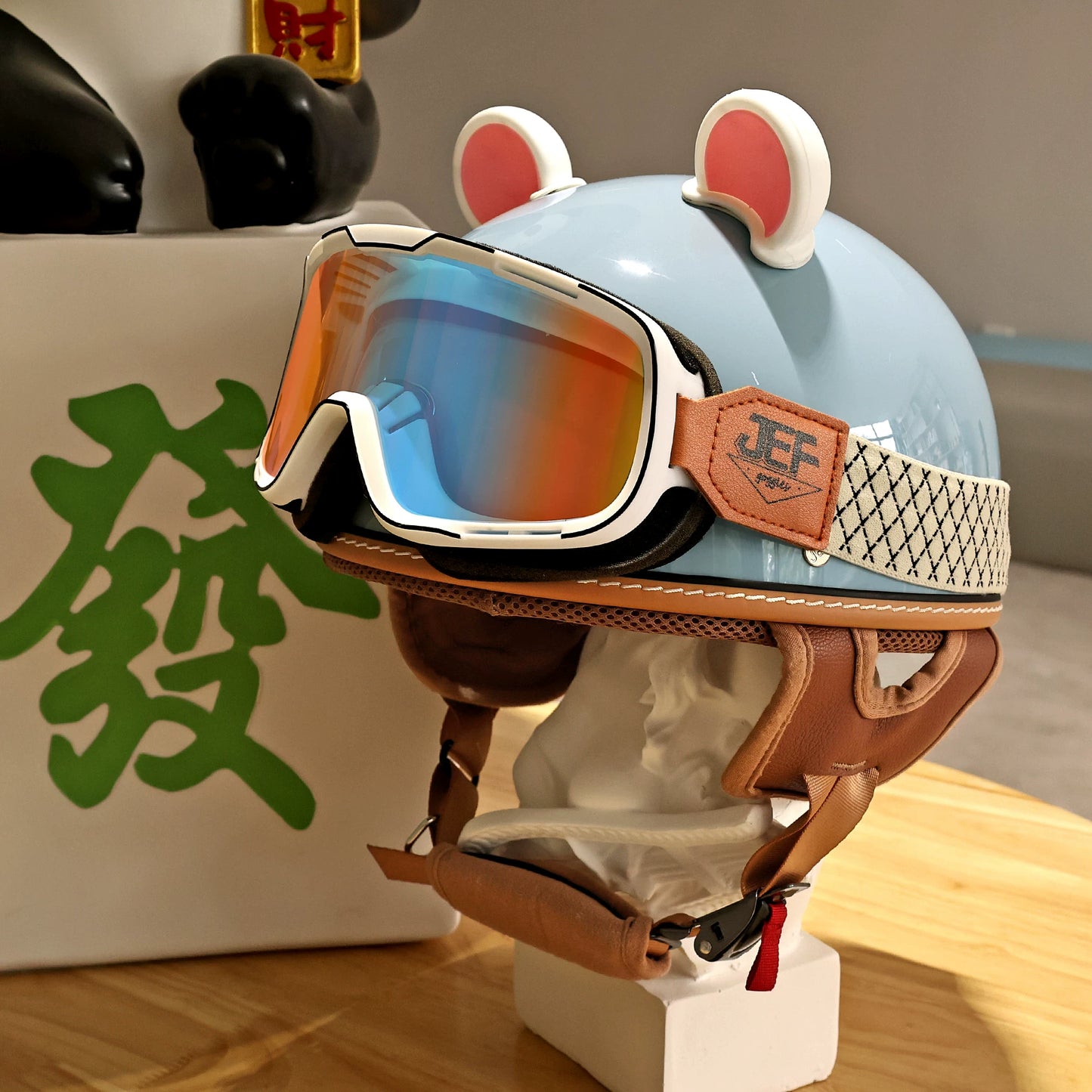 Taiwan JEF helmet retro bear ears women's electric motorcycle half helmet men's summer cute and light four seasons 3C scoop helmet