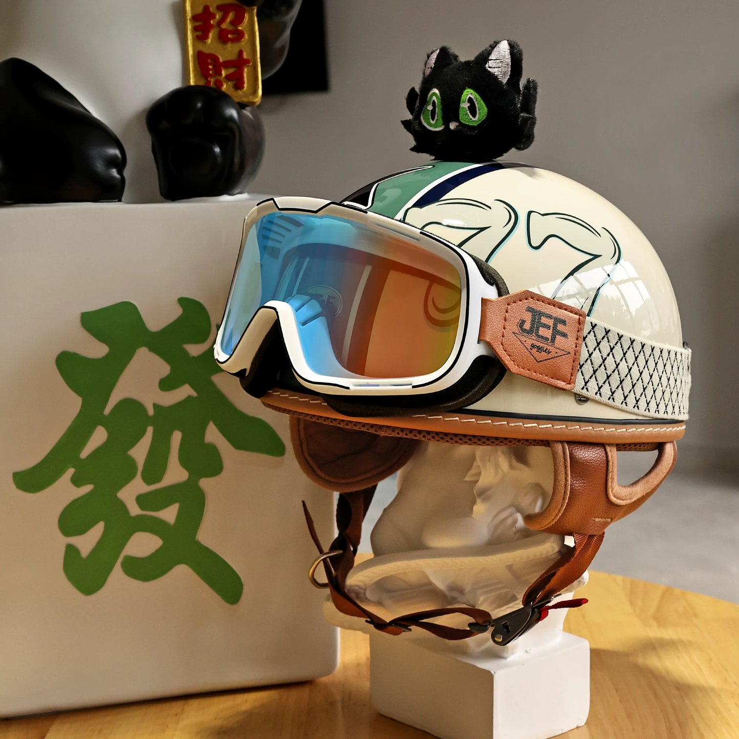 Taiwan JEF helmet retro abnormal pupil cat women's electric motorcycle half helmet men's summer skateboard cat light four seasons 3C scoop helmet