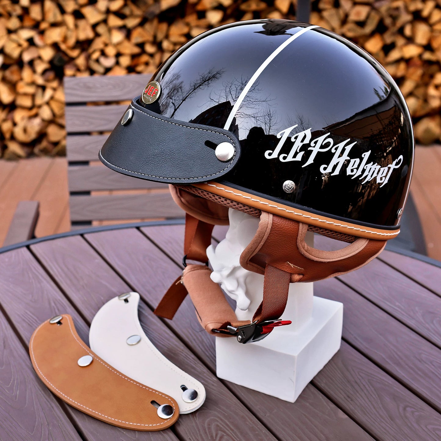 Taiwan JEF small helmet body retro leather brim three-button adjustable half helmet three-quarters helmet visor tongue