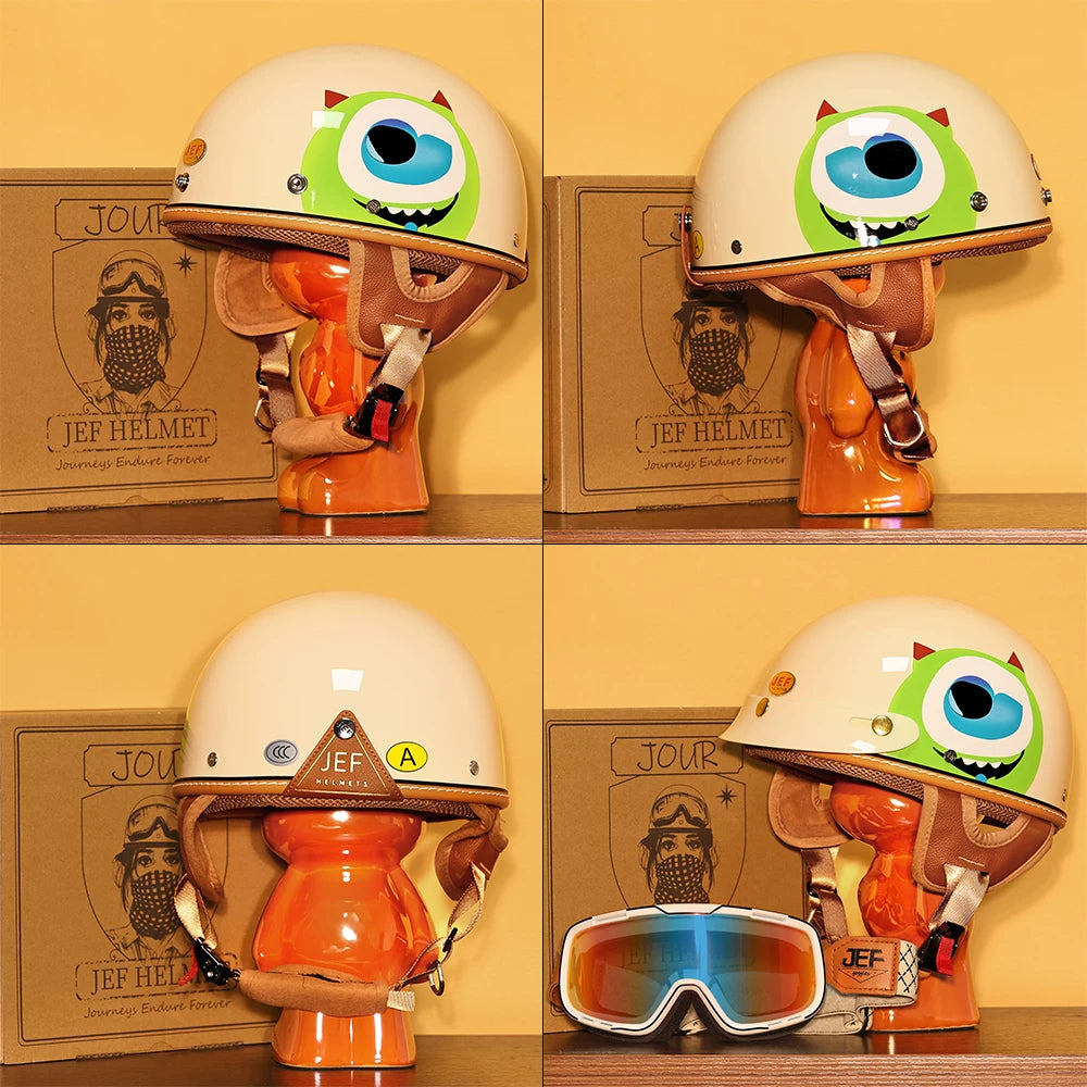 Taiwan JEF helmet cartoon big-eyed boy retro three-quarter helmet 3C men's and women's big-eyed monster electric summer half helmet