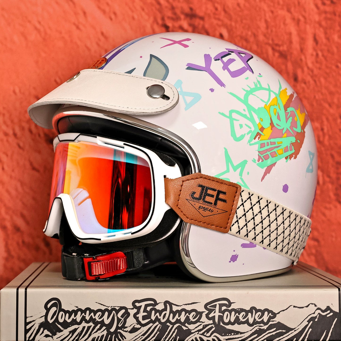 Taiwan JEF retro graffiti helmet, high-value 3C electric motorcycle scooter 3/4 helmet, unisex four-season helmet