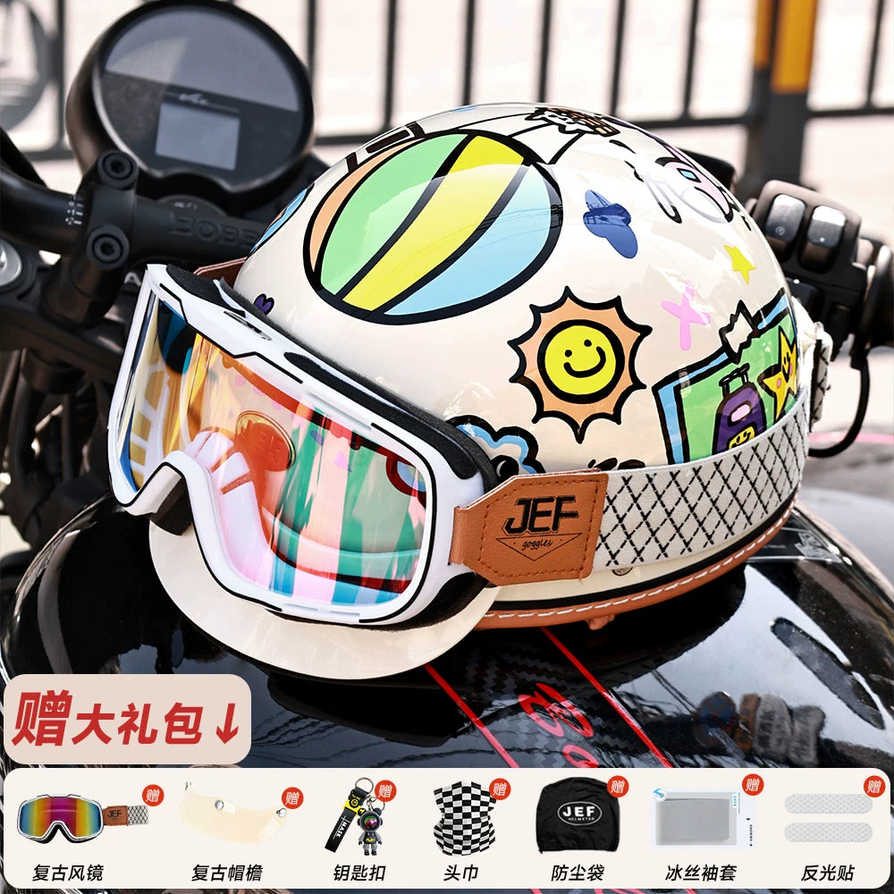 Taiwan JEF helmet retro half helmet pedal motorcycle electric lightweight 3C helmet summer men's and women's helmet