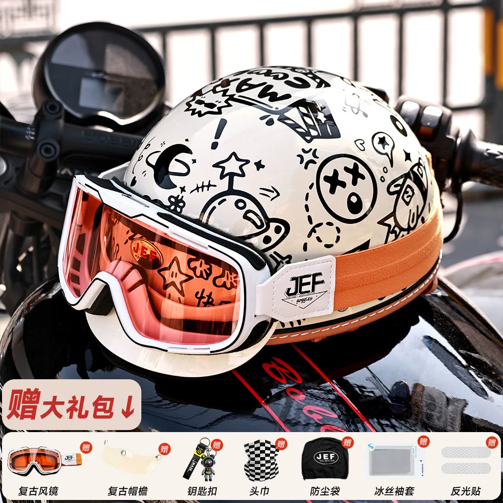 Taiwan JEF helmet retro half helmet pedal motorcycle electric lightweight 3C helmet summer men's and women's helmet